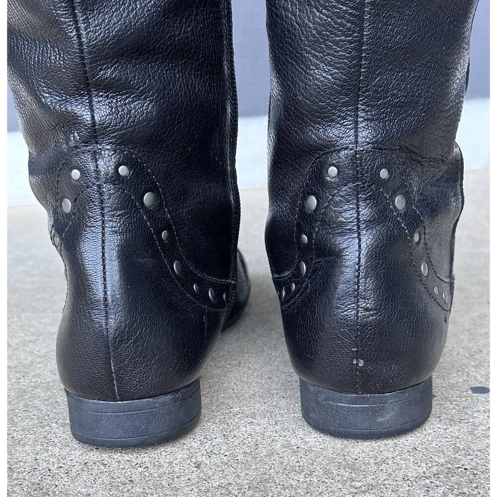 Born Women's Black Leather Tall Riding Boots Studded Trim Side Zip US 10